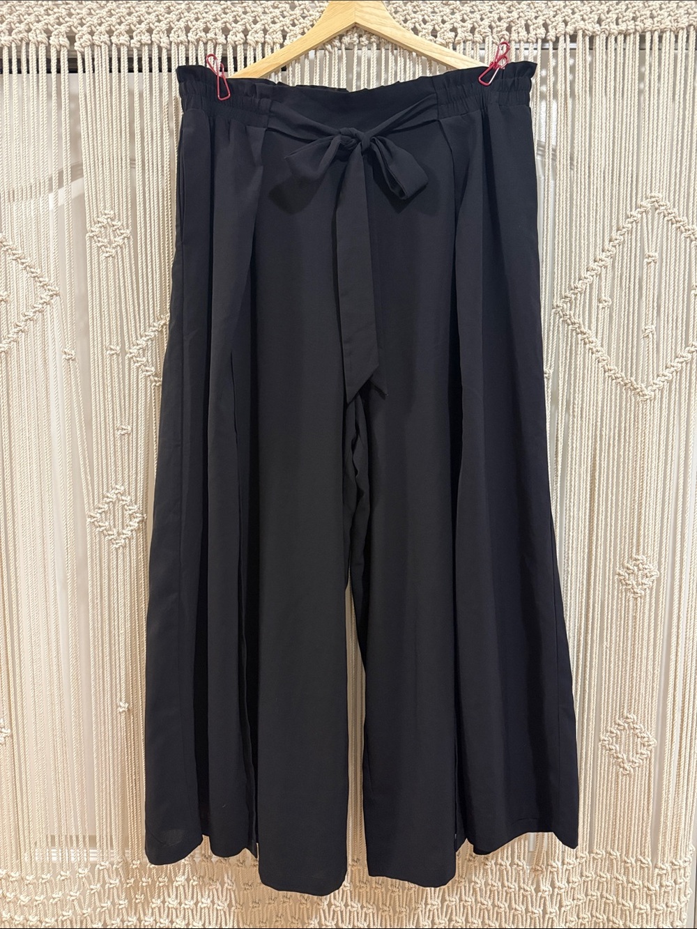 Grace Karin Black Wide-Leg Paperbag Pants with Front-Tie & Slits